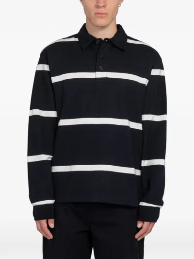 Minimum Tate Relaxed Stripe Long Sleeve Polo In Black