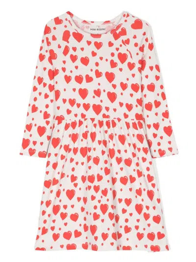 Minirodini Hearts Aop Long Sleeves Dress In White