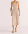 Minkpink Artemis Shirred Midi Dress In Tan Stripe In Neutral