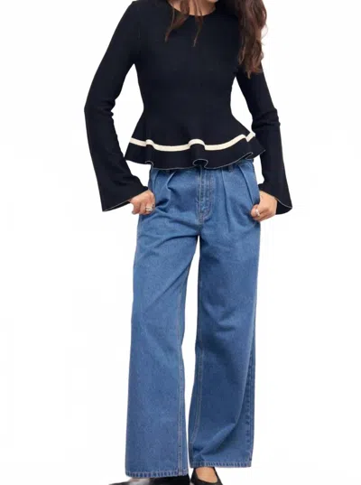 Minkpink Emilie Peplum Knit Top In Black In Blue