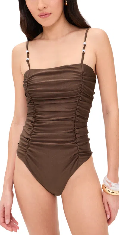 Minkpink Sienna Ruched Swimsuit Chocolate In Brown