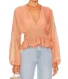 MINKPINK TAHLIA SHIRRED BLOUSE IN TERRACOTTA