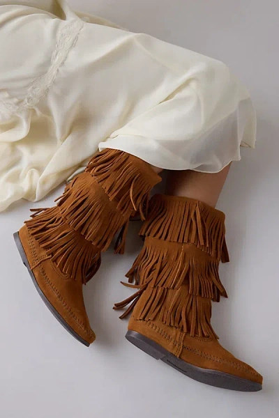 Minnetonka 3-layer Fringe Boot In Brown, Women's At Urban Outfitters