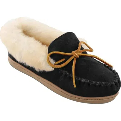 Minnetonka Alpine Slipper Black Suede Sheepskin Slip On Moccasin Rhs7838
