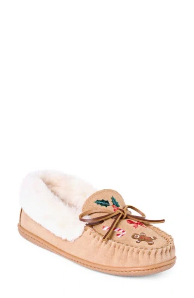 Minnetonka Camp Collar Faux Fur Suede Moccasin In Holiday Embroidery