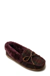 Minnetonka Camp Faux Fur Lined Moccasin Slipper In Burgundy Plaid