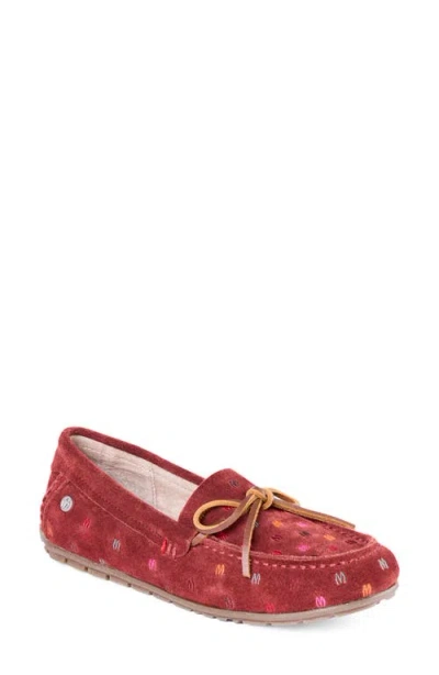 Minnetonka Embroidered Suede Moccasin In Red