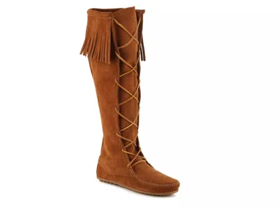 Minnetonka Lace Up Fringe Boot In Brown