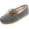 Minnetonka Sheepskin Hardsole Womens Suede Shearling Moccasins In Gray