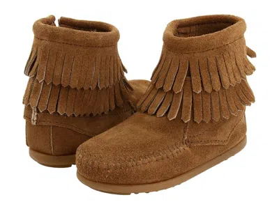 Minnetonka Side Zip Double Fringe (toddler/little Kid/big Kid) Girls Shoes Taupe Suede : 9 Toddler M In Brown