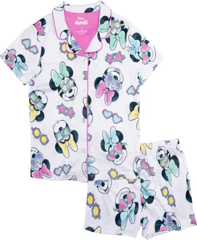 Minnie Mouse Kids' Little And Big Girls Short Sleeve Button Down Sleep Shirt And Shorts, 2-piece Pajama Set