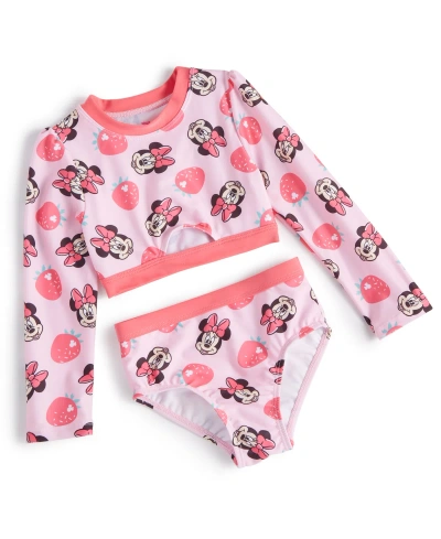 Minnie Mouse Kids' Little Girls Rash Guard Swimsuit, 2 Piece Set In Red