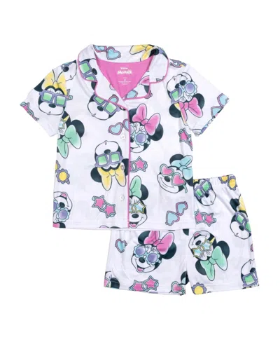Minnie Mouse Kids' Toddler Girls Short Sleeve Button Down Sleep Short And Shorts, 2-piece Pajama Set