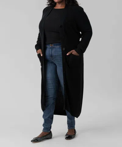 Minnie Rose Belted Ribbed Long Cardigan - Plus In Black