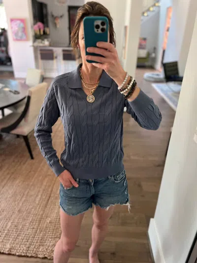 Minnie Rose Cable Pullover In Harbour Blue In Gray