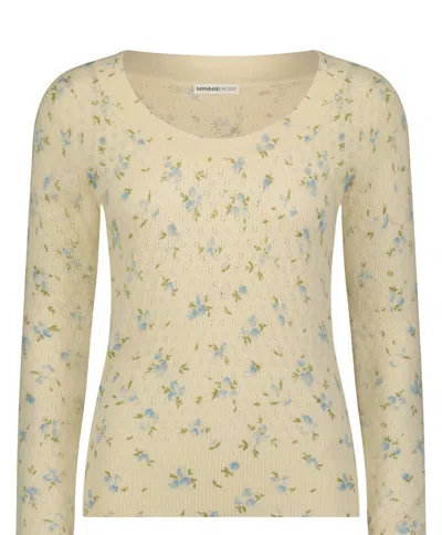 Minnie Rose Cashmere Floral Print Pointelle Pullover Skirt In Neutral