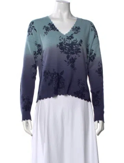 Pre-owned Minnie Rose Cashmere Floral Print Sweater W/ Tags In Blue