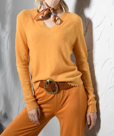 Minnie Rose Cashmere Frayed Edge Cropped V-neck Sweater In Marigold In Gold