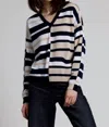Minnie Rose Cashmere Stripe V Neck Sweater In Navy Combo