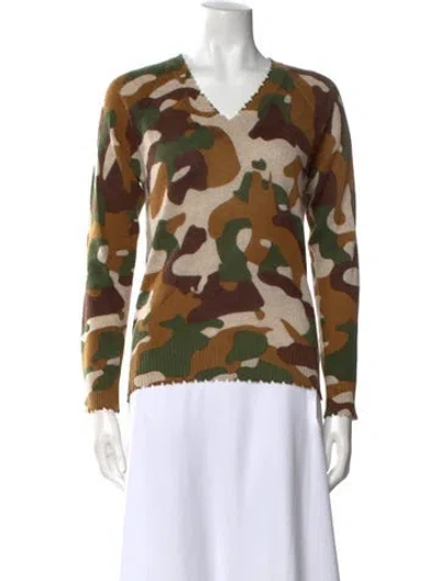 Pre-owned Minnie Rose Cashmere Printed Sweater W/ Tags In Green