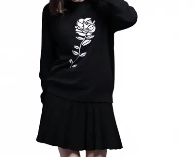 Minnie Rose Cashmere Rose Embellished Crew Top In Black/white In Multi