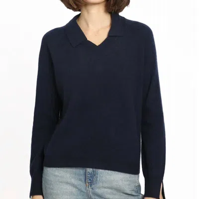 Minnie Rose Cashmere V-neck Pullover Wth Collar In Navy In Blue