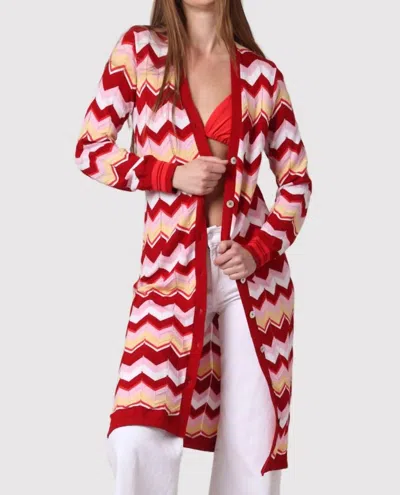 Minnie Rose Chevron Pointelle Duster In Red Multi In Animal Print