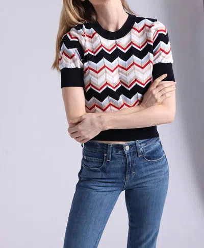Minnie Rose Cotton Cashmere Chevron Short Sleeve Crew Top In Navy Combo In Multi