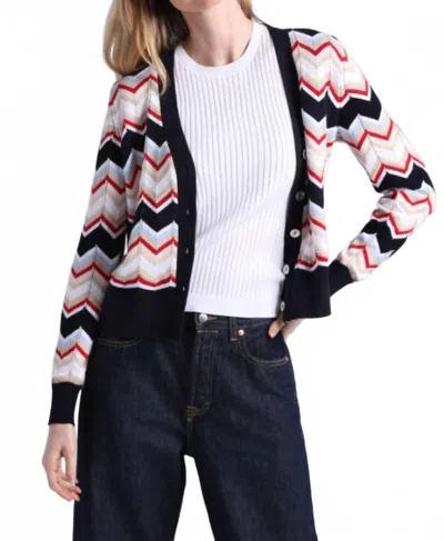 Minnie Rose Chevron V Neck Cardigan In Nav Combo In Multi