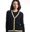 Minnie Rose Cotton Cable Cardigan With Striped Detail In Blue