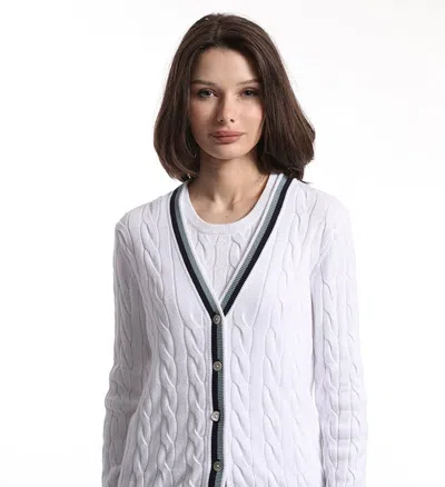 Minnie Rose Cotton Cable Cardigan With Striped Detail In White