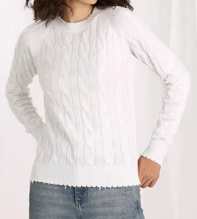 Minnie Rose Cotton Cable Crewneck Frayed Edges Sweater In White