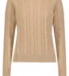 Minnie Rose Cotton Cable Long Sleeve Crew With Frayed Edges Sweater In Gold