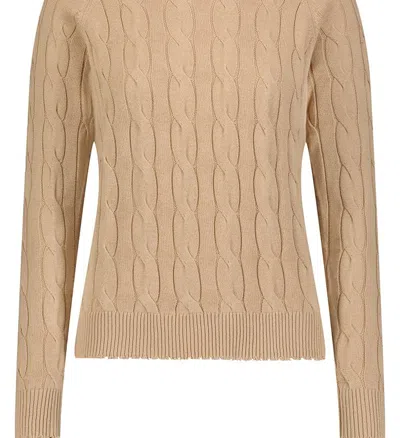 Minnie Rose Cotton Cable Long Sleeve Crew With Frayed Edges Sweater In Gold