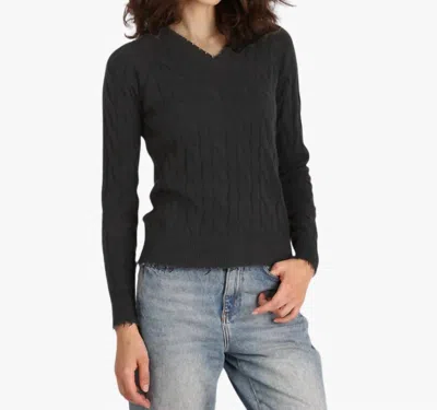 Minnie Rose Cotton Cable Long Sleeve V-neck Sweater With Frayed Edges In Black