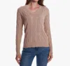 Minnie Rose Cotton Cable Long Sleeve V-neck Sweater With Frayed Edges In Brown Sugar In Brown