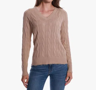 Minnie Rose Cotton Cable Long Sleeve V-neck Sweater With Frayed Edges In Brown Sugar