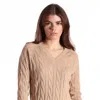 Minnie Rose Cotton Cable Long Sleeve V-neck With Frayed Edges In Neutral