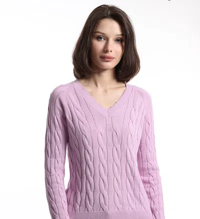 Minnie Rose Cotton Cable Long Sleeve V-neck With Frayed Edges Sweater In Purple