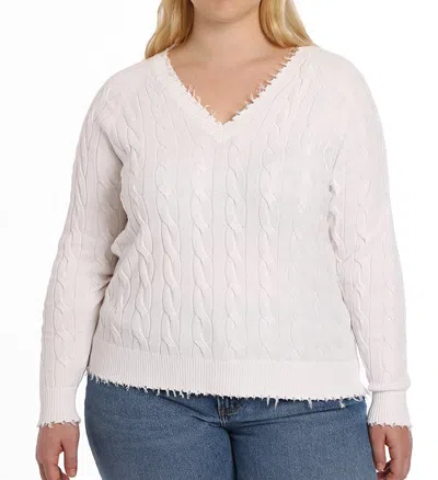 Minnie Rose Cotton Cable Plus Vneck Frayed Edge Sweater In White