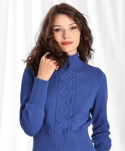 Minnie Rose Cotton Cashmere Cable Turtleneck Sweater In Blue