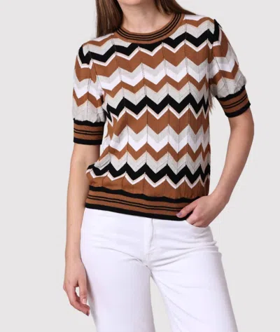 Minnie Rose Cotton Cashmere Chevron Pointelle Crew Tee In Cognac In Multi