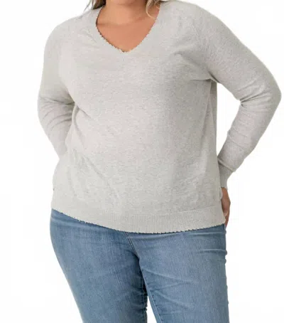Minnie Rose Cotton Cashmere Distressed Long Lseeve V-neck Sweater - Plus In Light Heather Grey In Gray