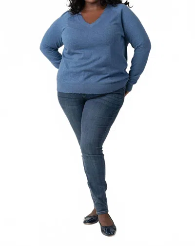 Minnie Rose Cotton Cashmere Distressed Long Sleeve V-neck Tee - Plus In Harbour Blue