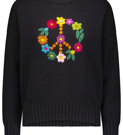 Minnie Rose Cotton Cashmere Floral Peace Crew Sweater In Black