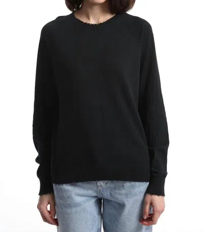 Minnie Rose Cotton Cashmere Frayed Edge Crew Pullover In Black