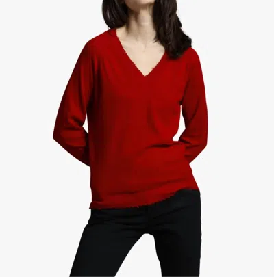 Minnie Rose Cotton Cashmere Frayed Edge V-neck Sweater In Lava Red