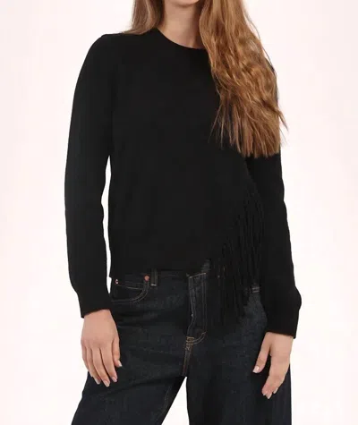 Minnie Rose Cotton Cashmere Fringe Trim Sweater In Black
