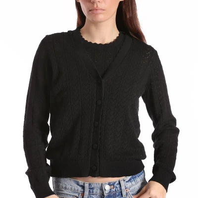 Minnie Rose Cotton Cashmere Heart Pointelle Scalloped Cardigan In Black