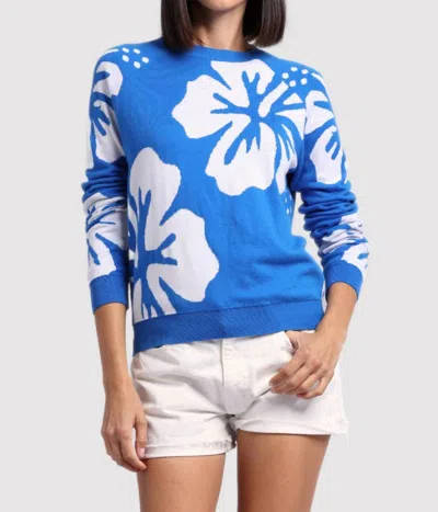 Minnie Rose Cotton Cashmere Hibiscus Reversible Crew Top In Bayou Blue/white In Multi